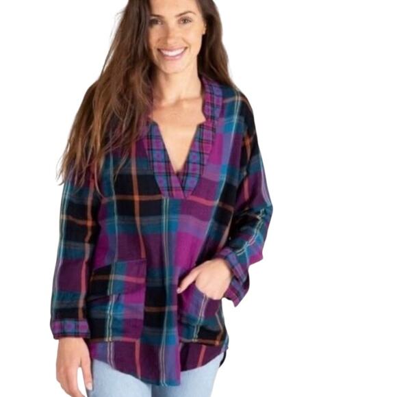 Natural Life Cotton Flannel Tunic Top Purple Gray Plaid Size MEDIUM Pockets Boho - Picture 2 of 9